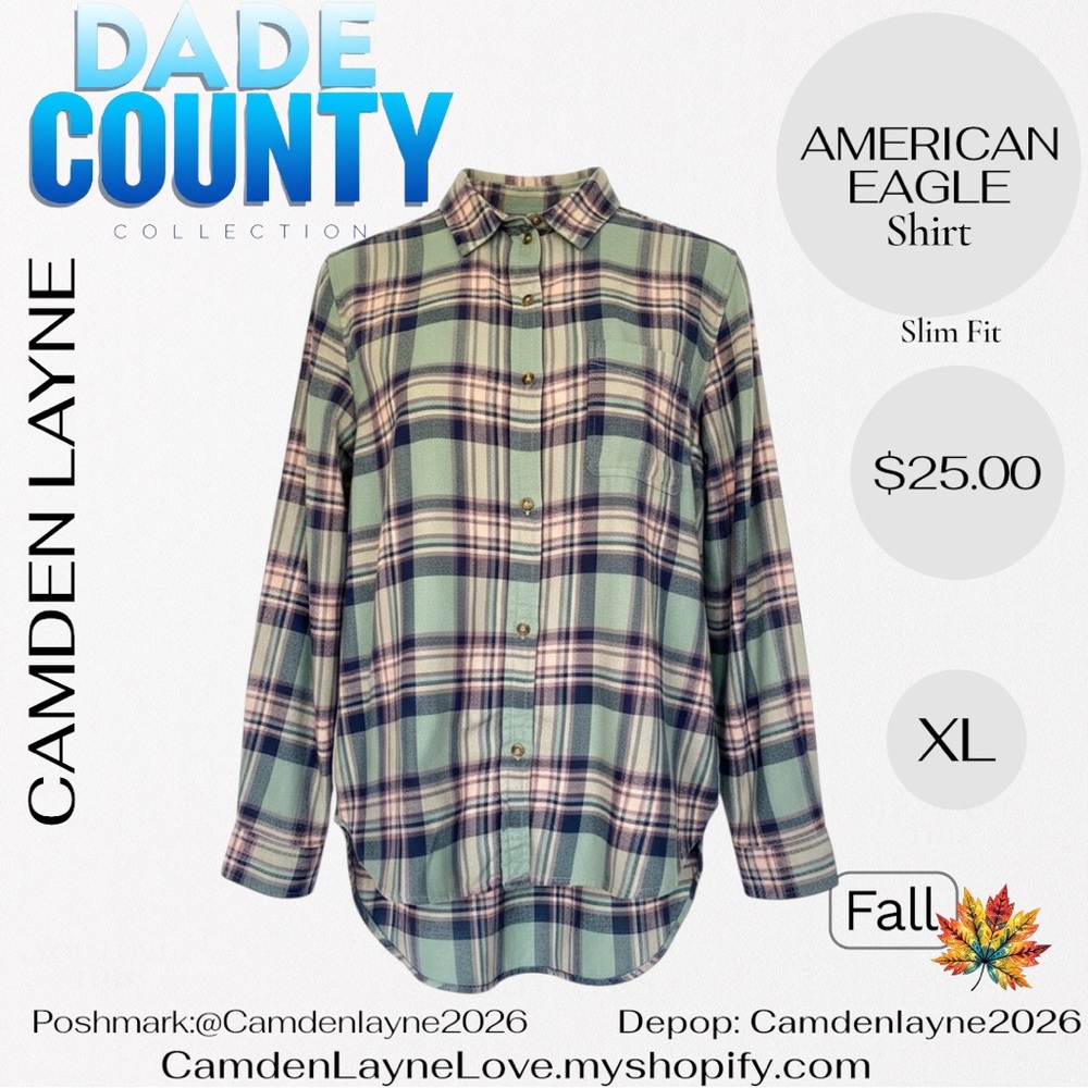 American Eagle Green, Purple and Pink Plaid Shirt - Picture 2 of 6